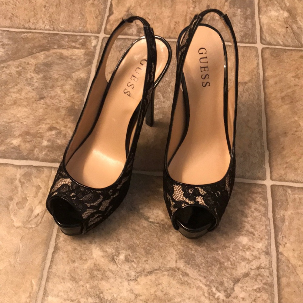 Guess Black floral patterned heels. New.